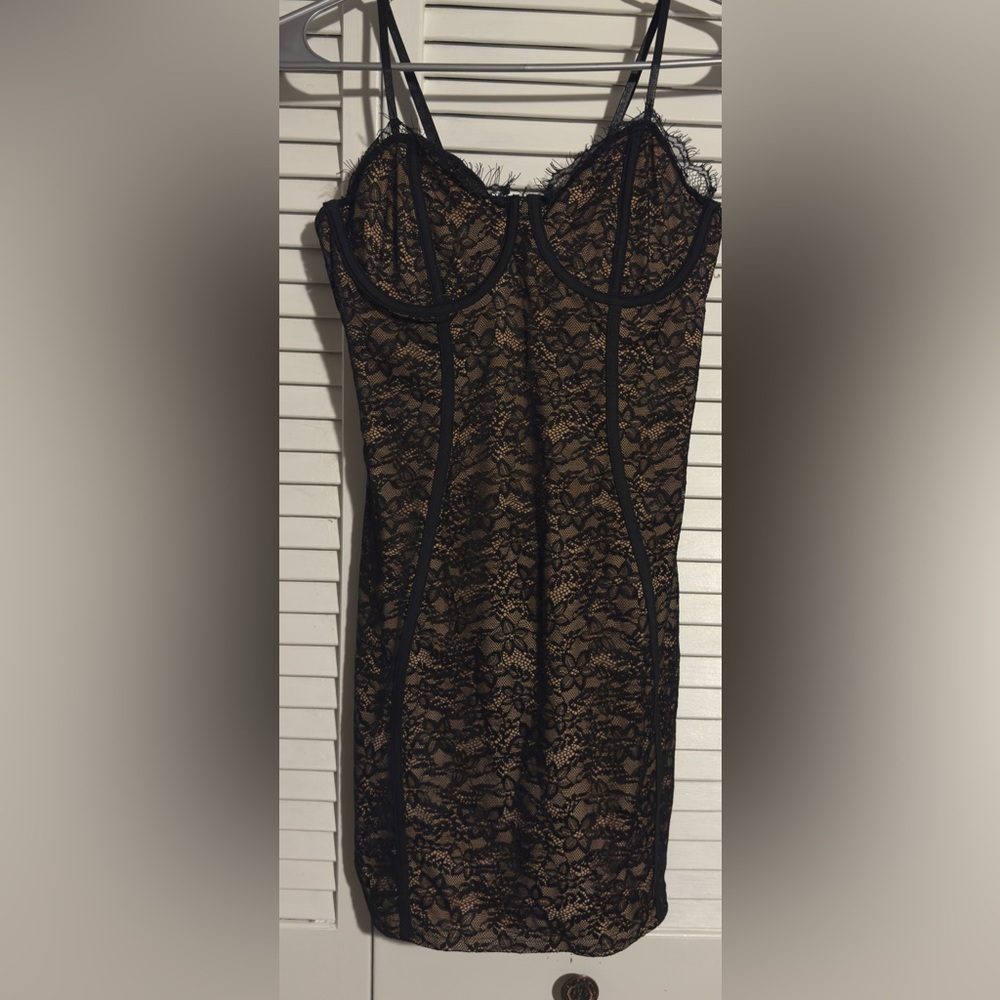 SHEIN Black Lace Overlay Mini Dress with Nude Lining
